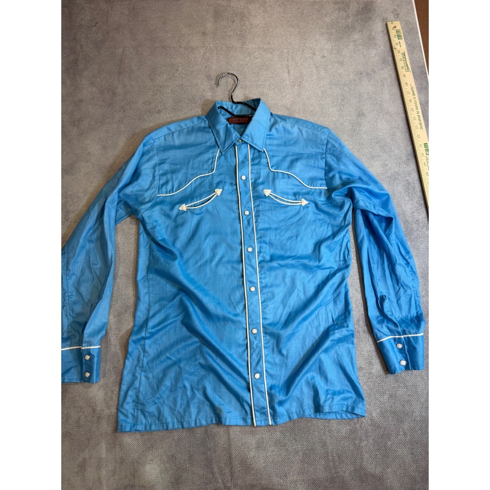 Vintage Jeans West Western Pearl Snap Shirt Blue White Piping Check measurements